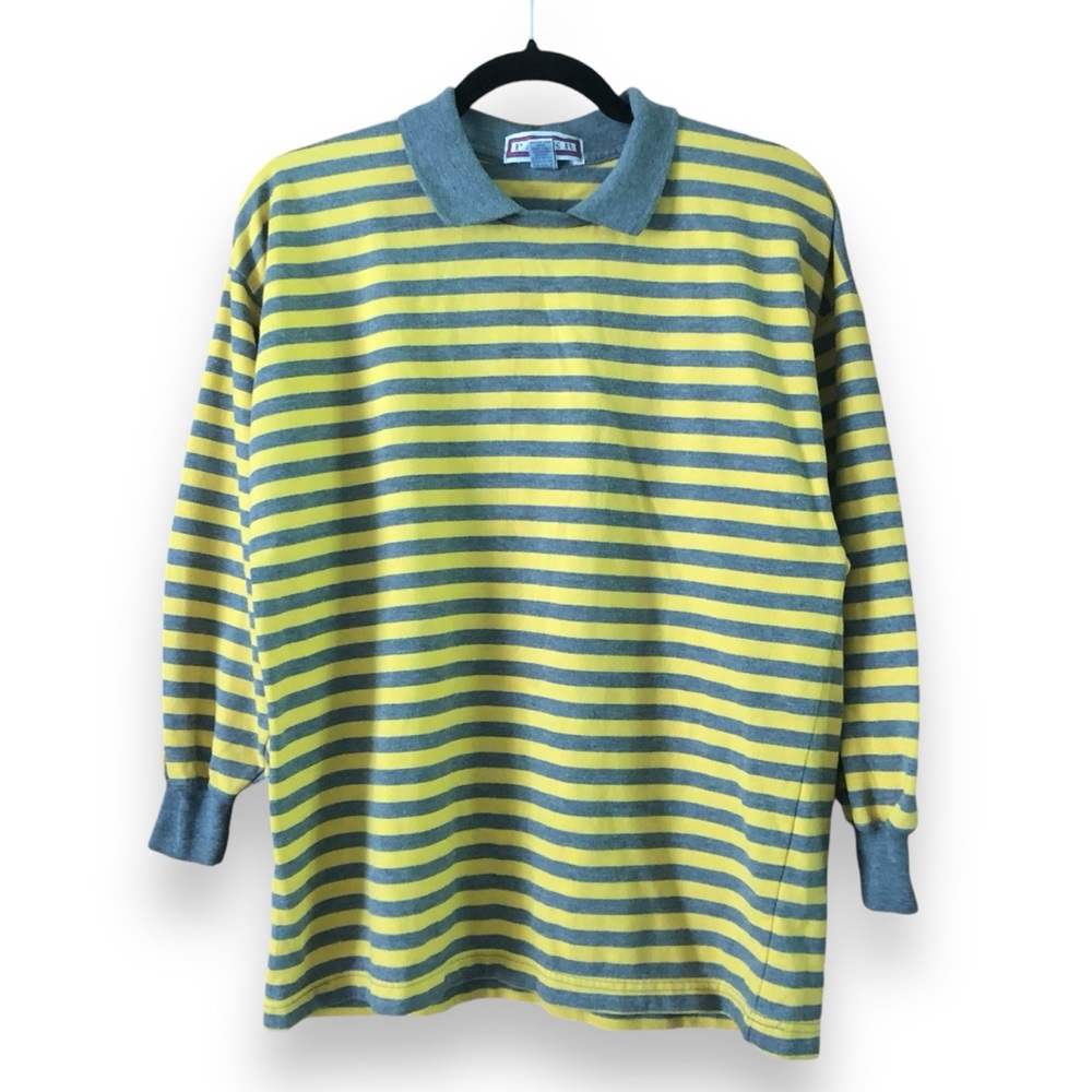 Vintage 80s 90s Pacer Yellow Gray Striped Collared Long Sleeve Shirt Size Small